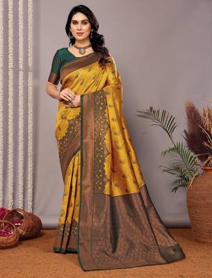 yellow green silk blend banarasi saree with unstitched blouse piece 1