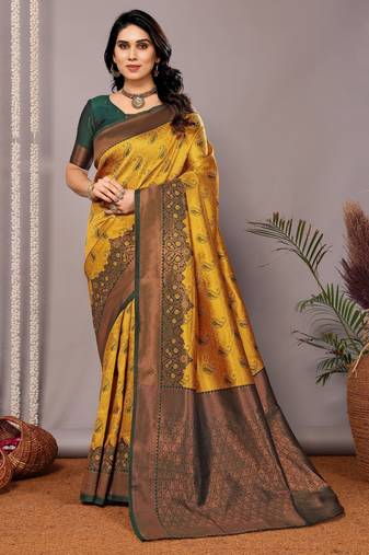 Yellow green soft silk blend banarasi jacuard work designer party wear saree with unstitched blouse piece