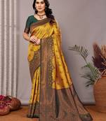 Yellow green soft silk blend banarasi jacuard work designer party wear saree with unstitched blouse piece