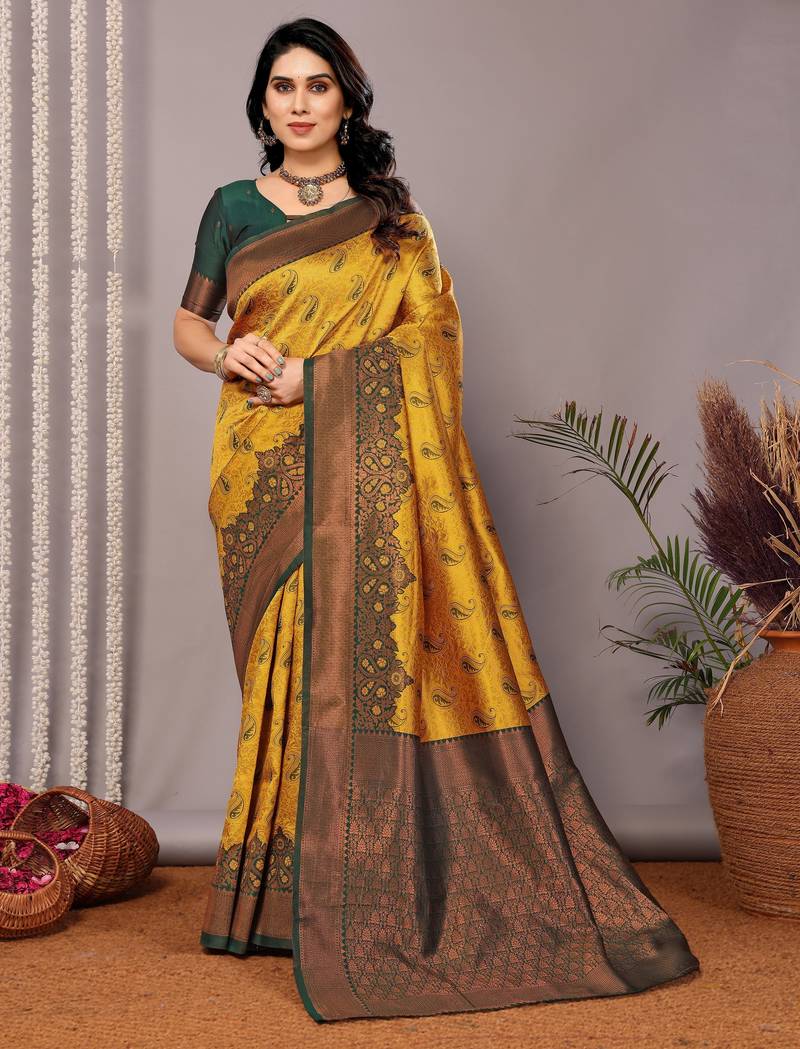 Yellow green soft silk blend banarasi jacuard work designer party wear saree with unstitched blouse piece