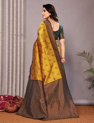 yellow green silk blend banarasi saree with unstitched blouse piece 2