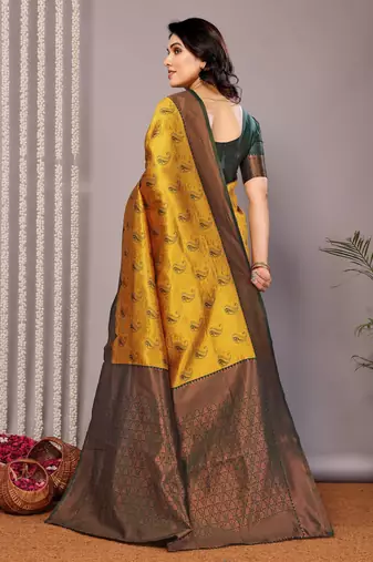 yellow green silk blend banarasi saree with unstitched blouse piece