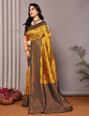 yellow green silk blend banarasi saree with unstitched blouse piece 3