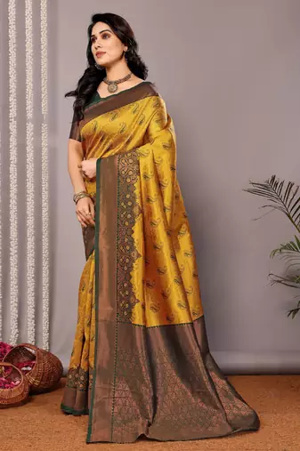yellow green silk blend banarasi saree with unstitched blouse piece
