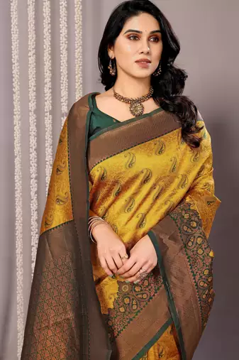 yellow green silk blend banarasi saree with unstitched blouse piece
