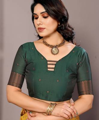 yellow green silk blend banarasi saree with unstitched blouse piece 5