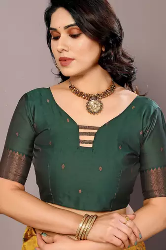 yellow green silk blend banarasi saree with unstitched blouse piece