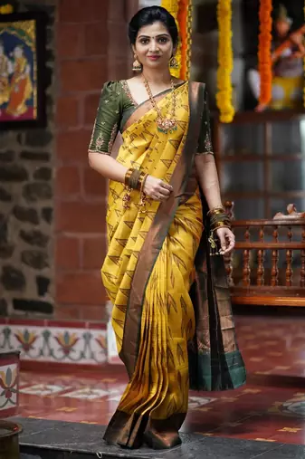 Yellow green soft silk blend banarasi jacuard work designer party wear saree with unstitched blouse piece