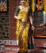 Yellow green soft silk blend banarasi jacuard work designer party wear saree with unstitched blouse piece