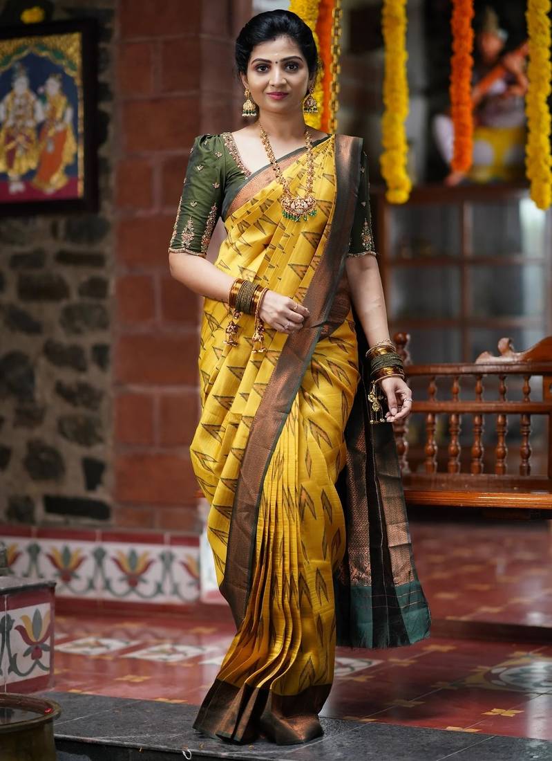 Yellow green soft silk blend banarasi jacuard work designer party wear saree with unstitched blouse piece