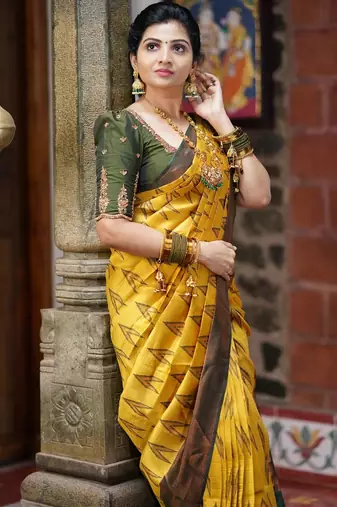 yellow green silk blend banarasi saree with unstitched blouse piece