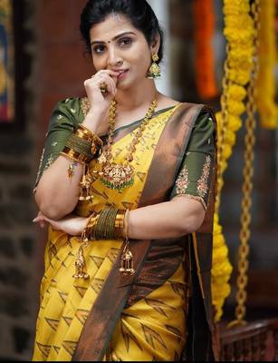 yellow green silk blend banarasi saree with unstitched blouse piece 1