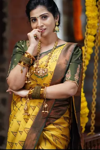 yellow green soft art silk blend banarasi jacuard work designer party wear saree with unstitched blouse piece