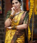 yellow green silk blend banarasi saree with unstitched blouse piece