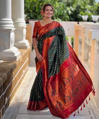 green orange silk blend banarasi saree with unstitched blouse piece 2