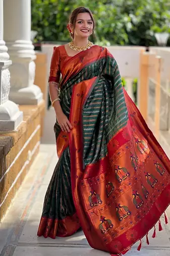 Green orange soft silk blend banarasi jacuard work designer party wear saree with unstitched blouse piece