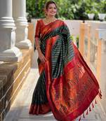 Green orange soft silk blend banarasi jacuard work designer party wear saree with unstitched blouse piece