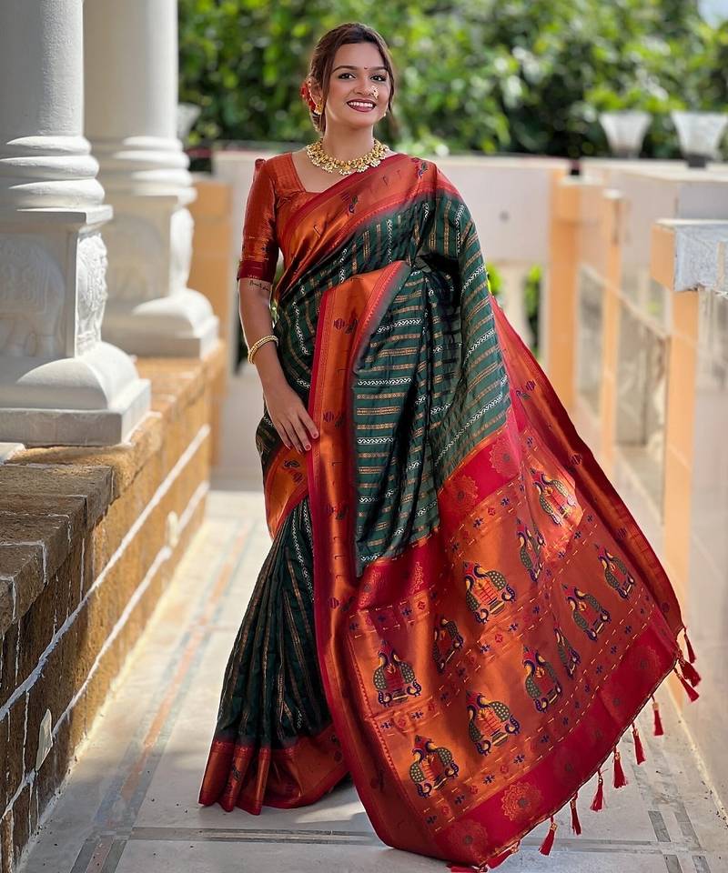 Green orange soft silk blend banarasi jacuard work designer party wear saree with unstitched blouse piece