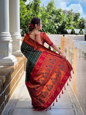 green orange silk blend banarasi saree with unstitched blouse piece 3