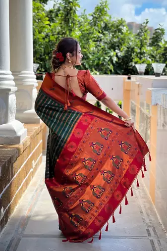 green orange silk blend banarasi saree with unstitched blouse piece