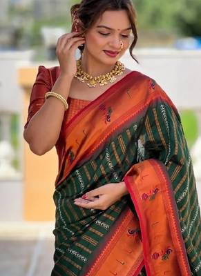 green orange silk blend banarasi saree with unstitched blouse piece 1