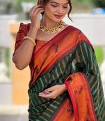 green orange silk blend banarasi saree with unstitched blouse piece