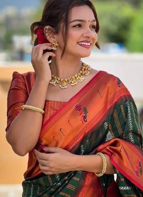 green orange silk blend banarasi saree with unstitched blouse piece 4