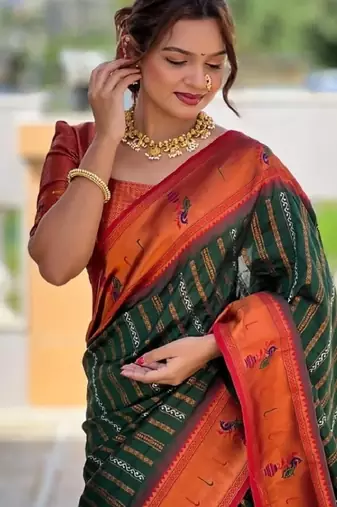 green orange silk blend banarasi saree with unstitched blouse piece