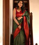 Grren red  soft silk blend banarasi jacuard work designer party wear saree with unstitched blouse piece