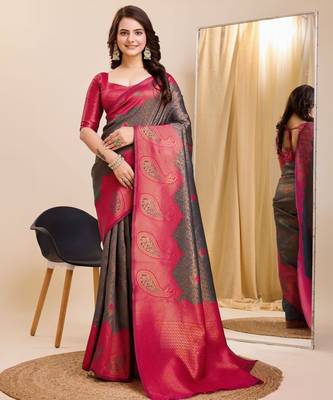 grey silk blend banarasi saree with unstitched blouse piece 1