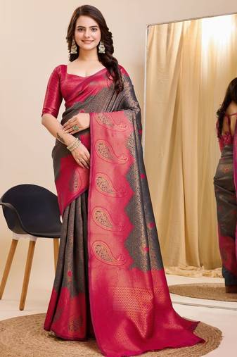 Grey  soft silk blend banarasi jacuard work designer party wear saree with unstitched blouse piece