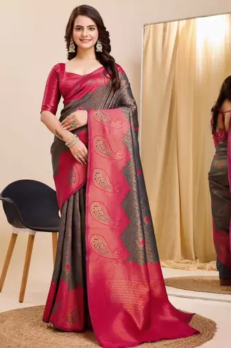 Grey  soft silk blend banarasi jacuard work designer party wear saree with unstitched blouse piece