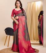 Grey  soft silk blend banarasi jacuard work designer party wear saree with unstitched blouse piece