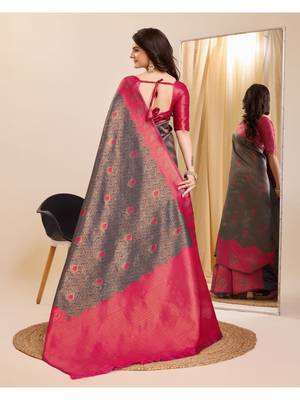 grey silk blend banarasi saree with unstitched blouse piece 2