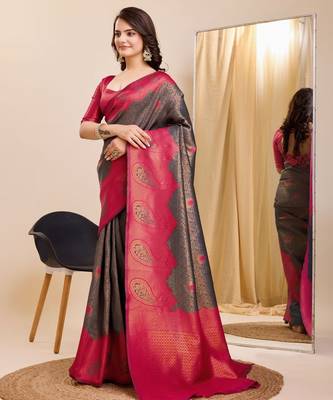 grey silk blend banarasi saree with unstitched blouse piece 3