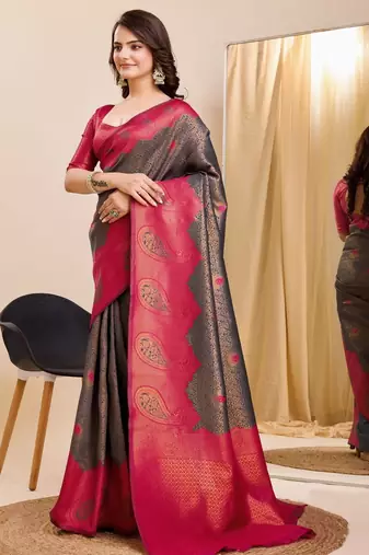 grey silk blend banarasi saree with unstitched blouse piece