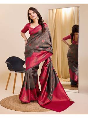 grey silk blend banarasi saree with unstitched blouse piece 4