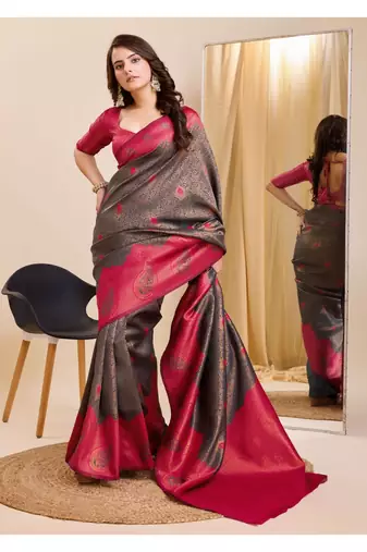 grey silk blend banarasi saree with unstitched blouse piece