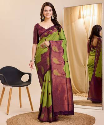 mehendi wine silk blend banarasi saree with unstitched blouse piece 1