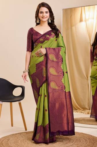 Mehendi wine soft silk blend banarasi jacuard work designer party wear saree with unstitched blouse piece
