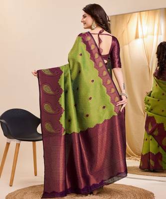 mehendi wine silk blend banarasi saree with unstitched blouse piece 2