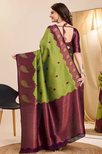 mehendi wine silk blend banarasi saree with unstitched blouse piece