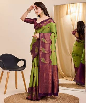 mehendi wine silk blend banarasi saree with unstitched blouse piece 3