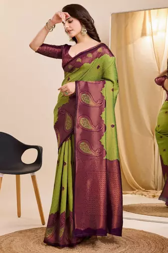 mehendi wine silk blend banarasi saree with unstitched blouse piece