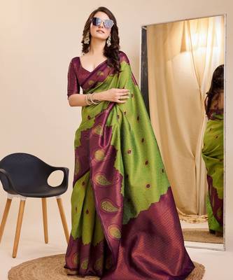 mehendi wine silk blend banarasi saree with unstitched blouse piece 4