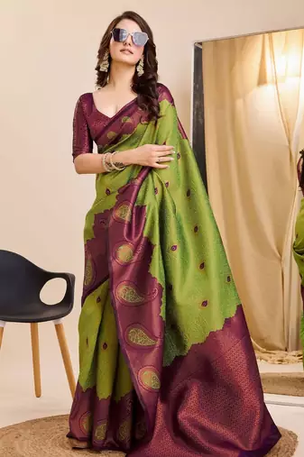 mehendi wine silk blend banarasi saree with unstitched blouse piece