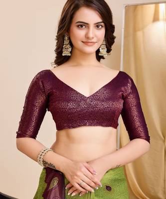 mehendi wine silk blend banarasi saree with unstitched blouse piece 5