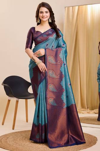 Sky blue soft silk blend banarasi jacuard work designer party wear saree with unstitched blouse piece