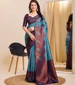 Sky blue soft silk blend banarasi jacuard work designer party wear saree with unstitched blouse piece
