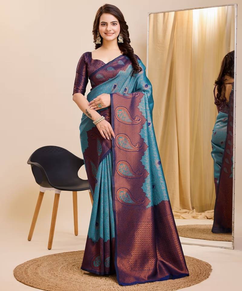 Sky blue soft silk blend banarasi jacuard work designer party wear saree with unstitched blouse piece